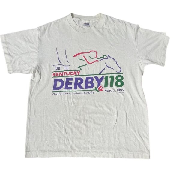 Vintage 1992 Kentucky Derby Large T Shirt Single Stitch Trench USA 50/50 White - Picture 1 of 7